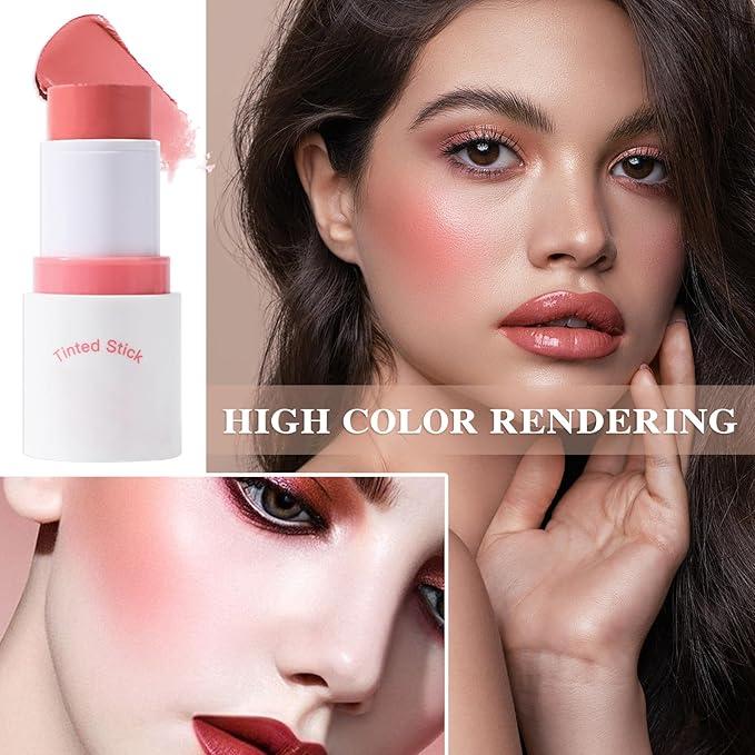 Cream Blush Stick with Brush and Makeup Sponge,Waterproof Multi Cream Makeup Stick,Lightweight,Long-lasting,2 in 1 Multi Blush for Cheeks & Lip Tint & Eyeshadow M