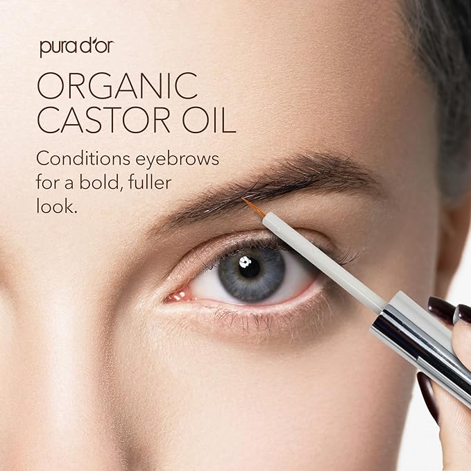 PURA D'OR 4 Oz ORGANIC Castor Oil - w/ 2 BONUS Empty Brushes - 100% Pure USDA Certified Cold Pressed, Hexane Free Eyelash & Eyebrow Serum - For Fuller, Thicker Lashes & Brows - Skin & Hair