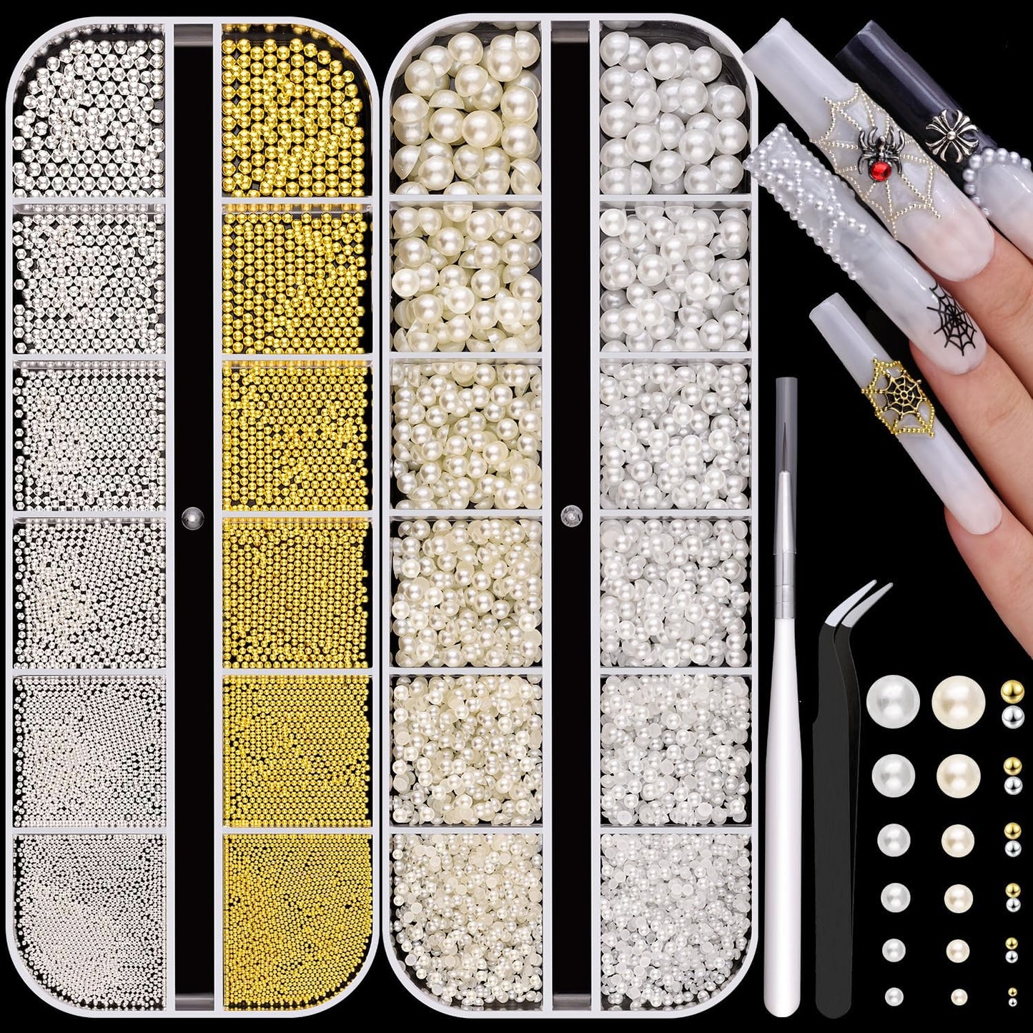 2 Boxes Flatback Pearls (White+Beige) And Metal Nail Beads (Silver+Gold) For Nail Art, Luxurious Pearl Nail Charms and Gems and Small Round Caviar Beads Nail Accessories For Acrylic Nail Tips Manicure