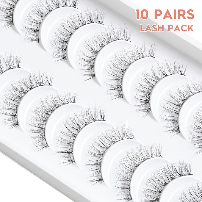 Natural Lashes Wispy False Eyelashes 10mm Short Lashes 3D Volume Strip Lashes Fake Eyelashes Siligli Lashes Thin Band Curly Eye Lashes Pack 10 pair
