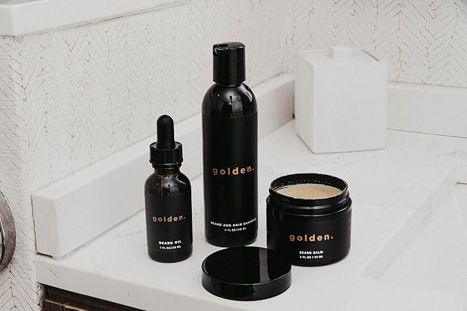 Golden Grooming Co. Beard Kit Bundle: Complete Beard Care - Beard Oil, Balm, Shampoo - All-Natural - Softens, Strengthens, and Nourishes Hair & Skin - Promotes Growth & Grooming - Gift for Him