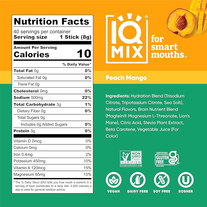 IQMIX Hydration Electrolyte Powder – 4-in-1 Formula for Hydration, Mental Clarity, Mood and Recovery – Sugar-Free Drink Mix, Keto, Magnesium L-Threonate, Lion’s Mane – 40 Count Peach Mango