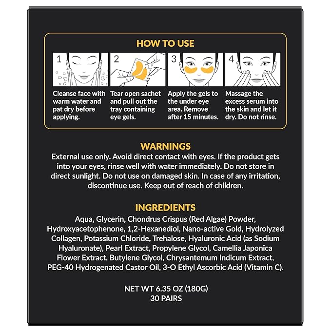 Stylia Under Eye Patches for Dark Circles and Puffy Eyes (30 Pairs) - 24k Gold Under Eye Mask with Vitamin C, Hyaluronic Acid, Pearl Extract - Eye Masks for Dark Circles and Puffiness