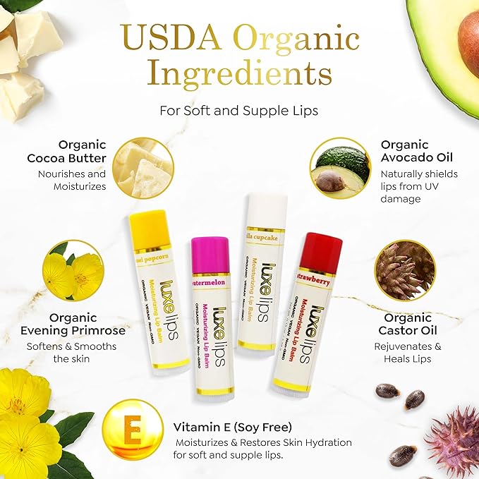 Luxe Beauty No-Beeswax & Petroleum Organic Lip Moisturizer – Vegan Lip Balm for Men & Women – For Sun/Wind Damage, Dryness & Chapping – 4-Pack Hydrating Lip Care Products That Work Over/Under Lipstick