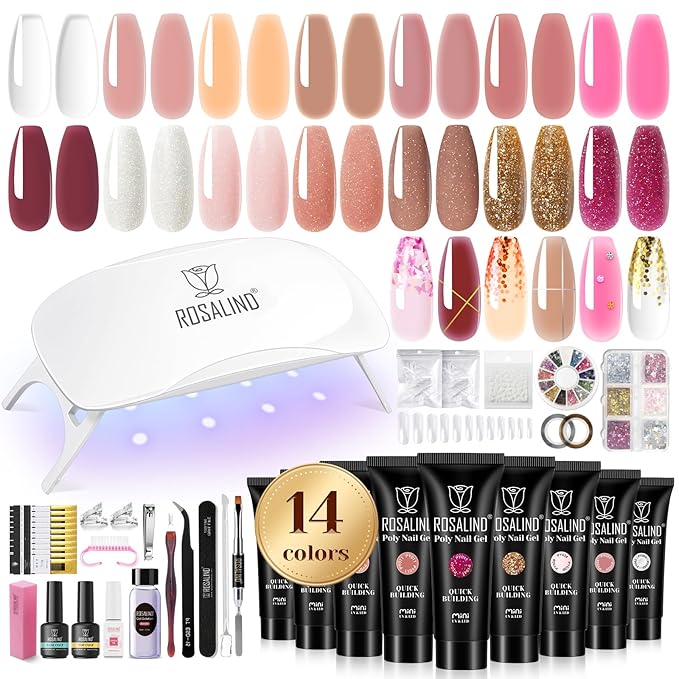 ROSALIND Poly Nail Gel Colors Kit -14 Colors +72 Nail Art Accessories kit Glitter Poly Nails Gel Kit Starter Kit with Mini UV Lamp Slip Solution Nude Pink Poly Nail Art for Beginners with Everything