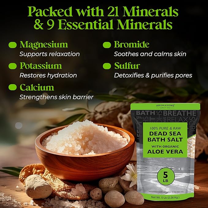 Aromasong 5 lbs Raw Dead Sea Salt with Organic Aloe Vera, not Cleaned, Still Contains All Dead sea Minerals Including Dead sea Mud, Fine Medium Grain Large resealable Bulk Pack (Packaging May Vary)