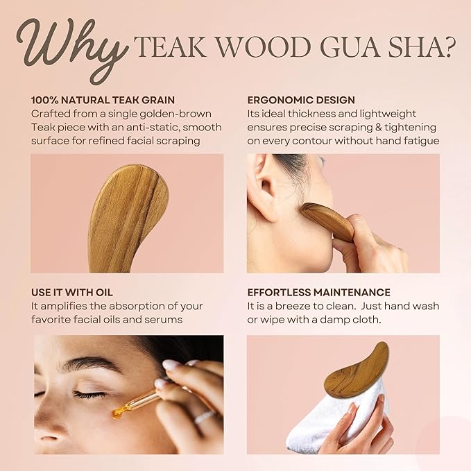 Teak Wood Gua Sha Facial Tool for Face and Body Massage, Anti-Aging Reduce Puffiness Wrinkles Shape Jawline Skincare Routine Treatment, Wooden Gua Sha Massager with Travel Pouch for Gift Set