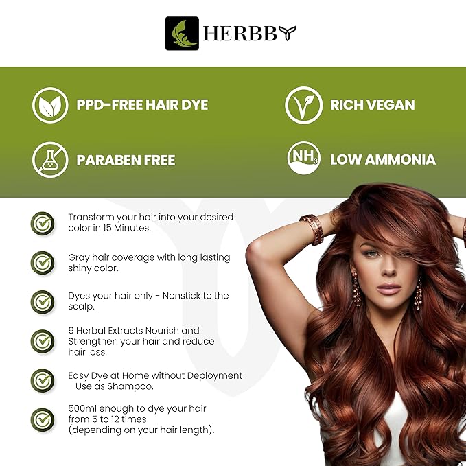 Hair Color Shampoo for Gray Hair Coverage&Color Transform with 9 Herbal Extracts –Long Lasting(6-8 Weeks),Shiny,Evenly Colored,Instant Hair Dye Shampoo&Conditioner,500 Ml (AUBURN BROWN COLOR)