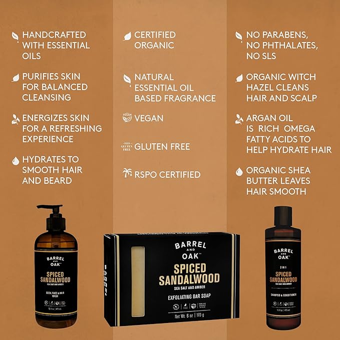 Barrel and Oak - Spiced Sandalwood Body Care Set, Fragrant Sea Salt & Amber Scent, Rich in Essential Oils, Hydrating Formulas, Rich Texture, No Parabens or Phthalates, Certified Organic (3-Pack Set)
