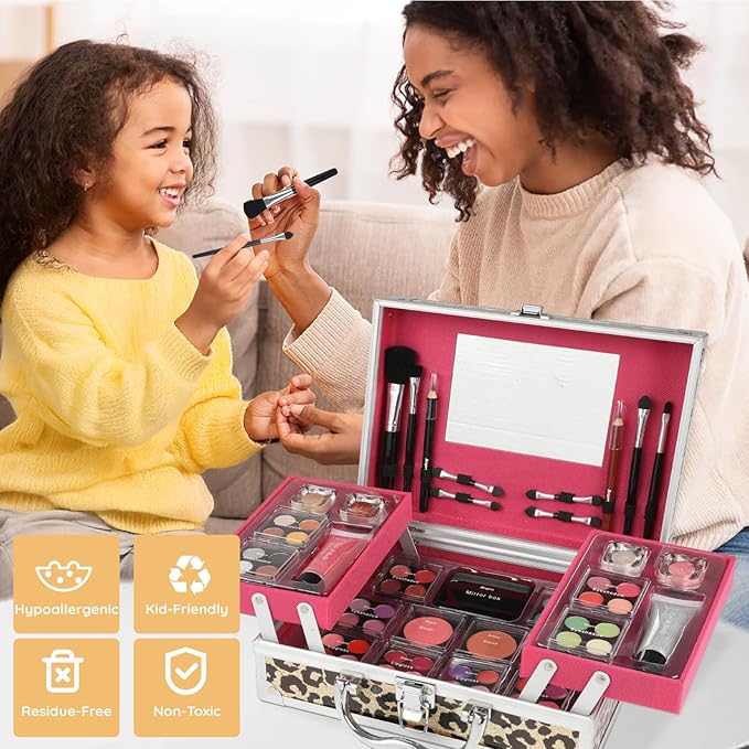 Anpro All-In-One Leopord Double Folding Makeup Carry Case with Pro Teen Makeup Set, Full Starter Kit with Makeup Brushes, Lipsticks, Eyeshadow Palette, Blushes, Glitter Gel, Ideal Present for Girls