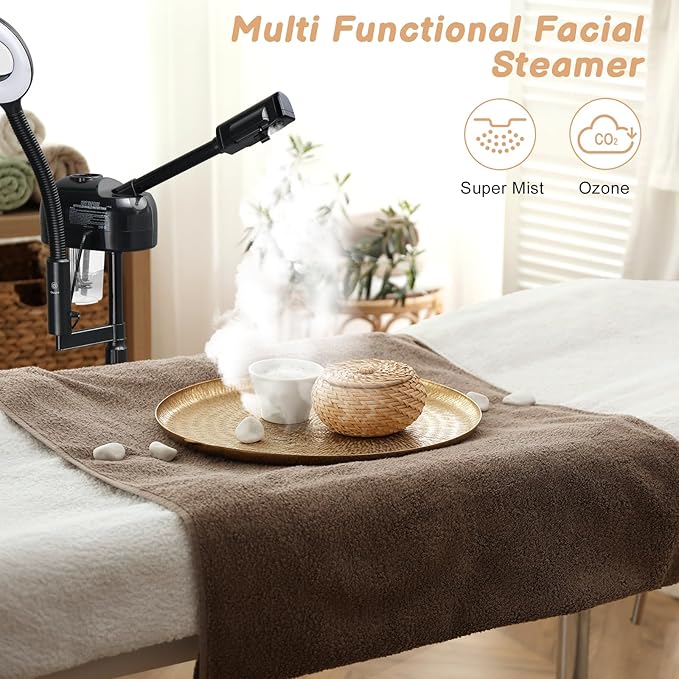 Winado 2 in 1 Facial Steamer with 5X Magnification Light, Deep Cleaning for Personal Skin Care, Beautician Steamer Professional Humidifier Facial Spa Mist Steam for Home & Beauty Salon, Black