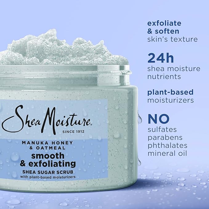 SheaMoisture Shea Sugar Body Scrub Manuka Honey Oatmeal for smooth & exfoliating Smooth and Exfoliating Body scrub with 24h shea moisture nutrients 12 oz