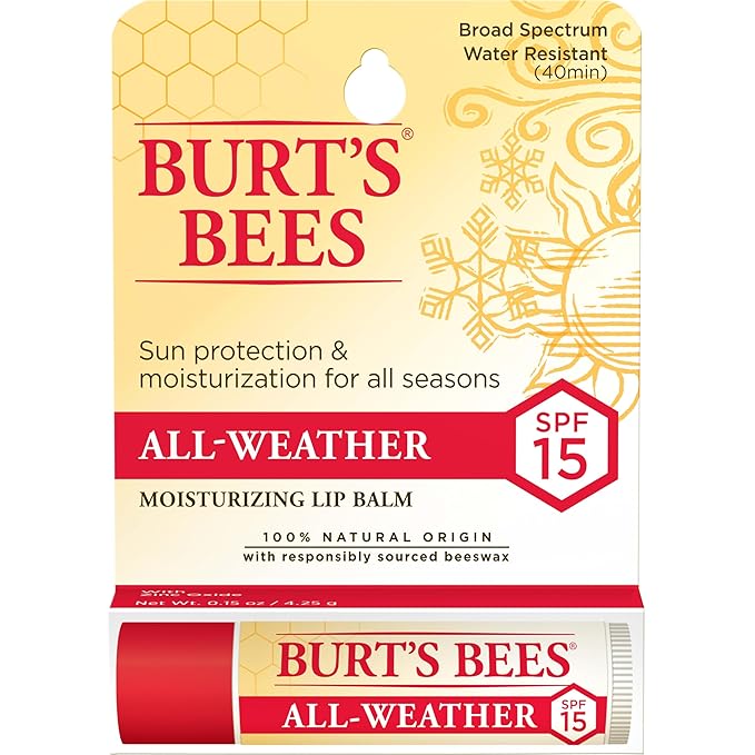 Burt's Bees All Weather SPF 15 Lip Balm, Water-Resistant Lip Moisturizer, Tint-Free, Natural Conditioning Lip Treatment, 1 Tube, 0.15 oz.
