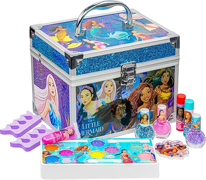 Little Mermaid Train Case Beauty Set, Kids Makeup Kit for Girls, Real Washable Toy Makeup Set, Play Makeup, Pretend Play, Party Favor, Birthday, Toys Ages 3 4 5 6 7 8 9 10 11 12