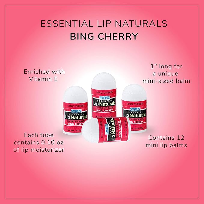 Lip Naturals® | Mini Cherry Lip Balm with Sunscreen (SPF-15) | Made in USA with Beeswax & Coconut Oil | 12-Count Mini Lip Balm Pack with Bing Cherry Flavor (0.10oz/3g Each)