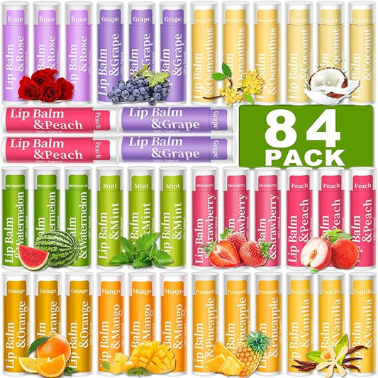 84 Pack of Lip Balm, 12 Flavored Lip Balms Natural Organic Vitamin E Lip Balm Pack for Dry Cracked Lips, Moisturising Lip Balm Bulk Gifts Stocking Stuffers Party Favors(4.2g/0.15oz)