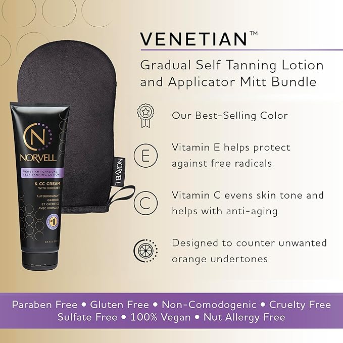 Norvell Tanning Bundle: Self Tan Extender Lotion, 8,5 fl. oz. + Streak Free Tan Applicator Mitt - Premium After Tanning Lotion Moisturizer and Washable Mitt for Flawless Results