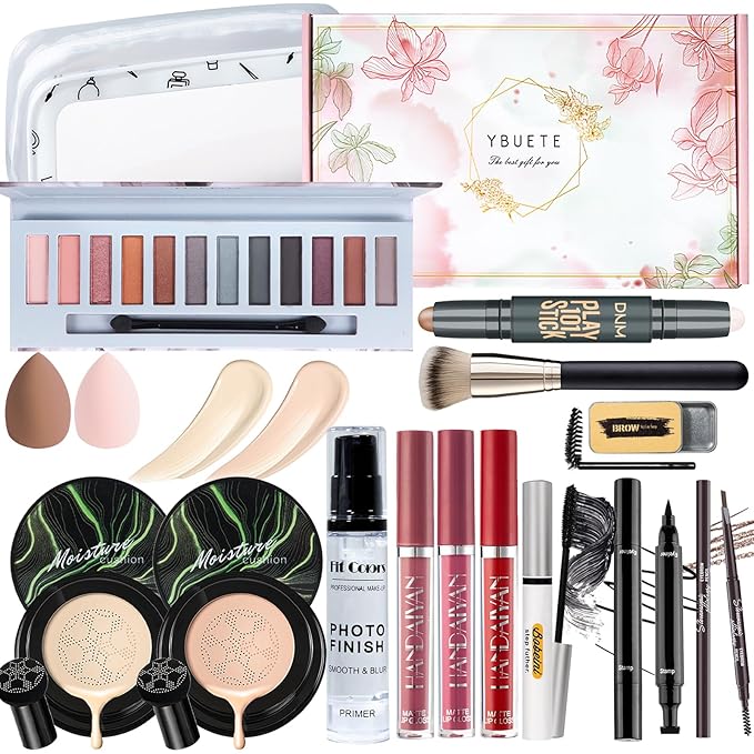 Makeup Kit Set for Women, Makeup Present for Women Teen Girl, Eyeshadow CC Cream Foundation Face Primer, Makeup Brush Sponge, Lipstick, Eyebrow Soap Pencil Mascara Eyeliner Cosmetic bag