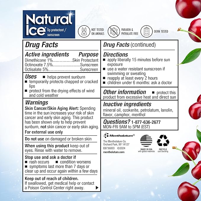 Natural Ice Cherry - SPF 15 lip balm, Cherry Flavor, 0.15 Ounce (Pack of 12)