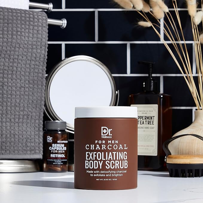 Dr. Wellness Body Scrub for Men- Ultimate Exfoliating Scrub Infused with Charcoal, Men’s Body Wash in Jar with Twist Top, 23 oz, For All Skin Types