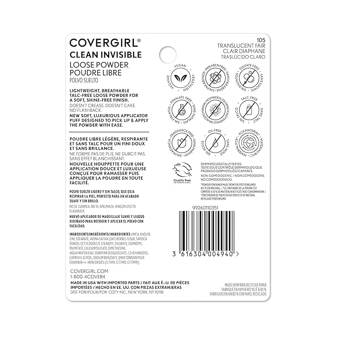 COVERGIRL Clean Invisible Loose Powder - Loose Powder, Setting Powder, Vegan Formula - Translucent Fair, 20g (0.7 oz) (Pack of 2)