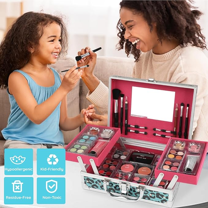 Anpro All-In-One Leopord Double Folding Makeup Carry Case with Pro Teen Makeup Set, Full Starter Kit with Makeup Brushes, Lipsticks, Eyeshadow Palette, Blushes, Glitter Gel, Ideal Present for Girls