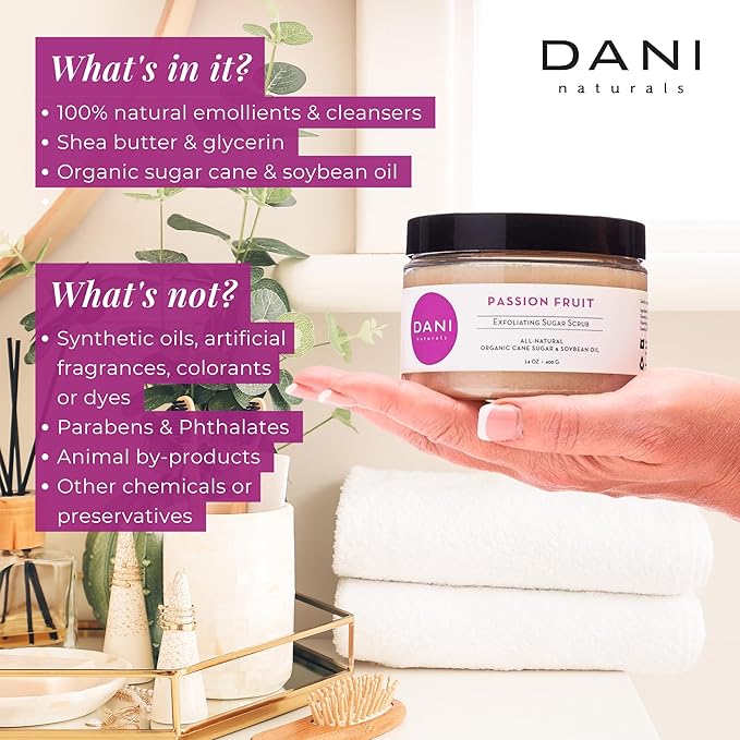 Naturals Sugar Scrub – Pure & Gentle Exfoliation with Juicy Passion Fruit Scent. Organic sugar, shea butter, and nourishing oils for smooth, soft skin – 14 oz