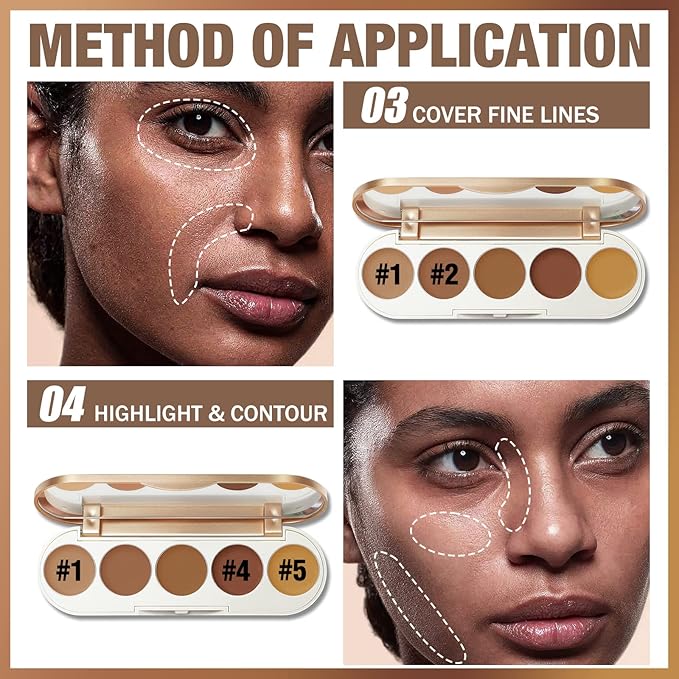 FOCALLURE #GoldenAge 5 in 1 Multi Uses Concealer Palette, 5 Colors Correcting Conceal Palette, Camouflage Contour Palettes for Dark Circles, Face Contouring Highlighter Pallet, BR01 DEEP