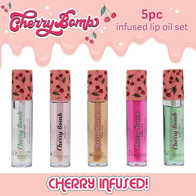 Expressions 5pc Lip Oil Set - Cherry Bomb Lip Oils, Lip Healing Cherry Infused Lip Oil Collection with Precision Applicator Wand Everyday Lip Care and Lip Repair (CHERRY BOMB)