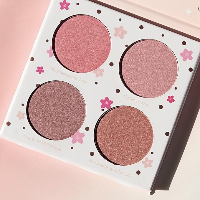 Beauty Bakerie Cotton Candy Champagne Blush Makeup Palette, Long Lasting Pigment, Matte and Metallic Highlighter Makeup, 4 Highlight Shades