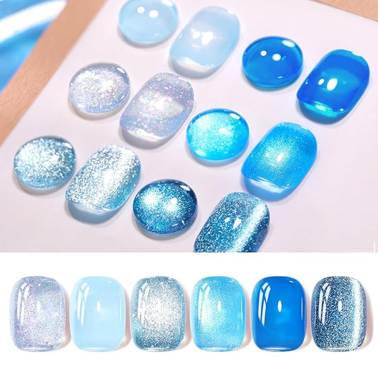 Born Pretty Gel Nail Polish Blue Series,Jelly Transparent,Cat Magnetic Eye,Shimmer Glitter Holographic Blue Gel Polish Kit for Salon Manicure and Nail Art DIY at Home 6Colors