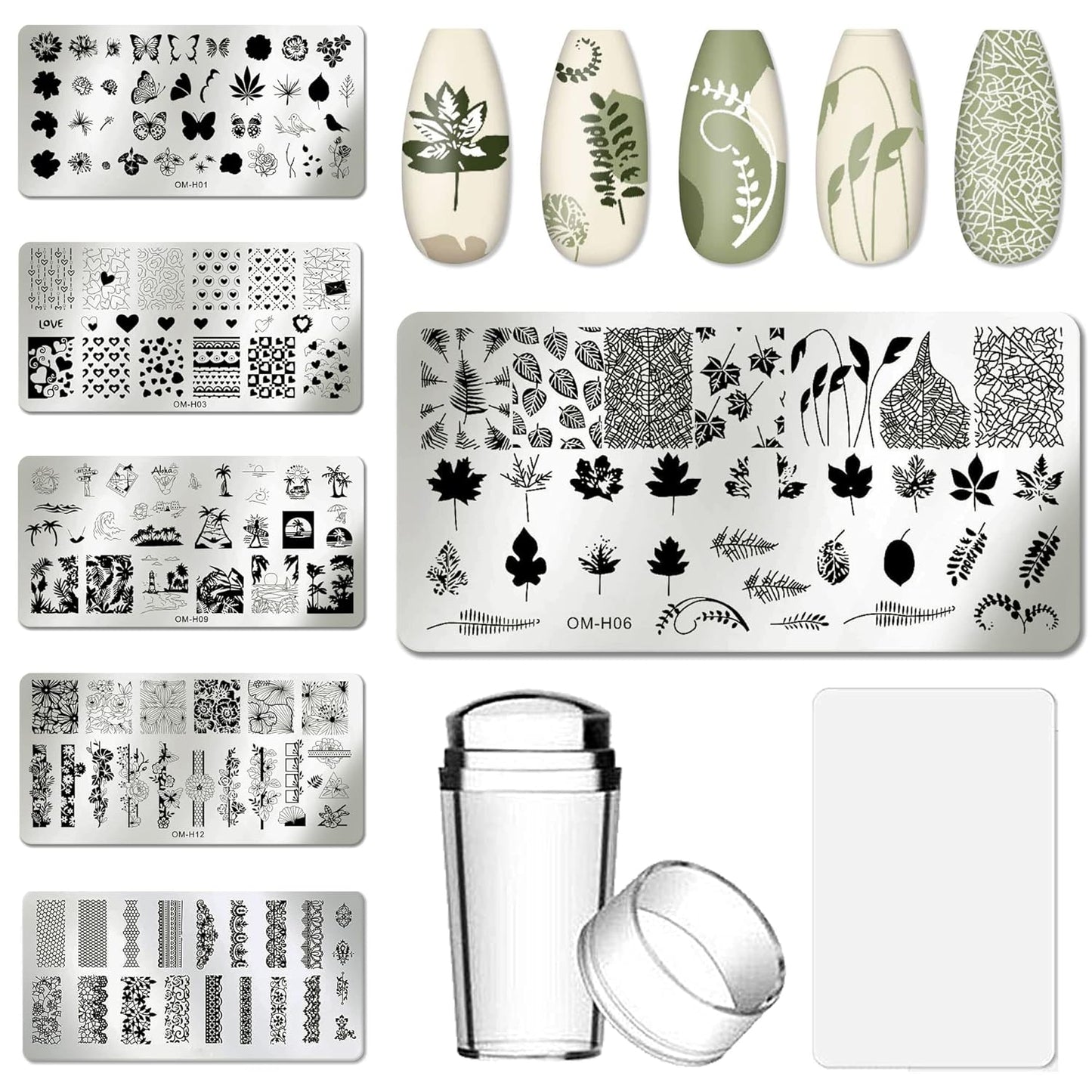 AddFavor Nail Art Stamper Kit 6pcs Flower Heart Leaf Lace Butterfly Stamping Plate Template with Silicone Nail Stamper and Scraper for Women Girls DIY Fingernail Manicure Stencils Tools