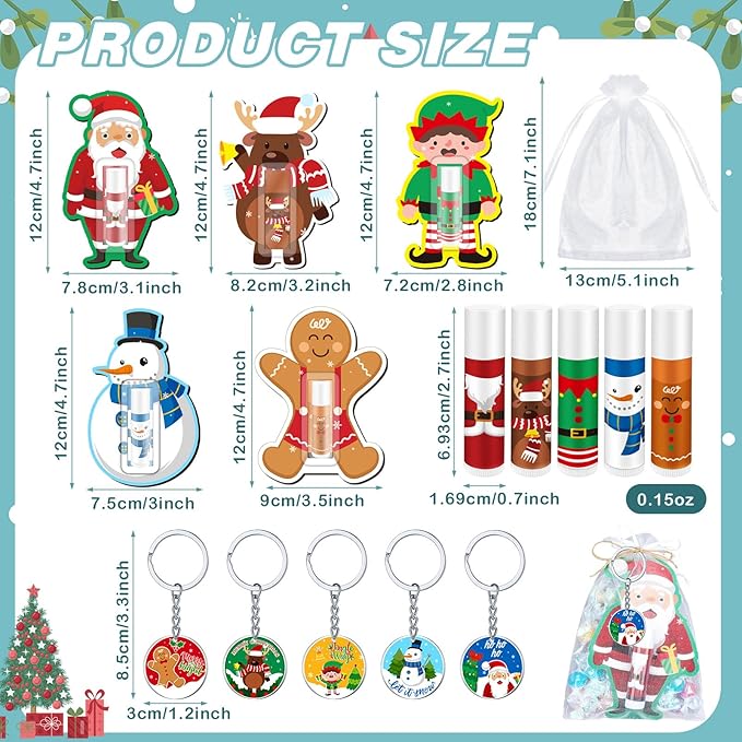 Henoyso 150 Pcs Christmas Favors 5 Styles Lip Balm Bulk Moisturizing Lip Balms Acrylic Keychains with Organza Bags for Xmas Holiday Treat Gifts Women Christmas Stocking Stuffers Party Supplies