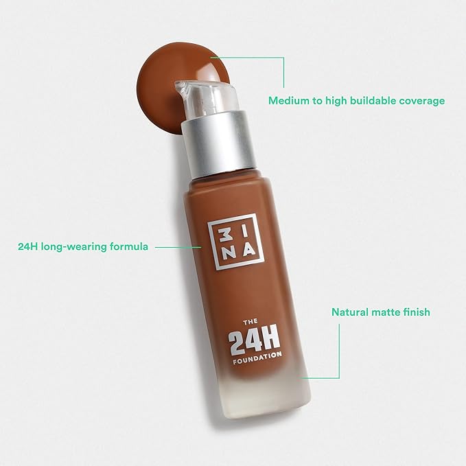 3INA The 24H Foundation 612-24H Long-Wearing Formula - Medium To High Buildable Coverage - Smooth Matte Finish - Expanded Shade Selection - Waterproof, Cruelty Free, Vegan Makeup - 1.01 Oz