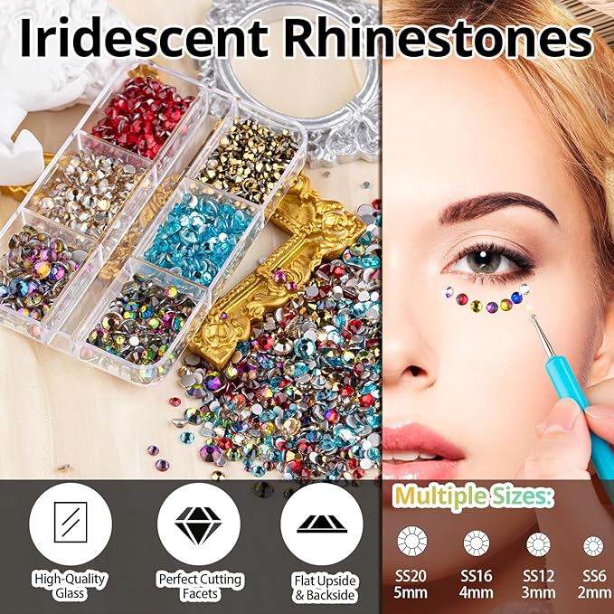 Colorful Face Gems for Makeup Set, Flatback Gorgeous Glass Clear Gems+Mixed-Colored Crystals with Picker Pencil, Makeup Glue, Dual-End Dotting Tool, Tweezer for Eye Body Hair Make-up and Nail Art Deco