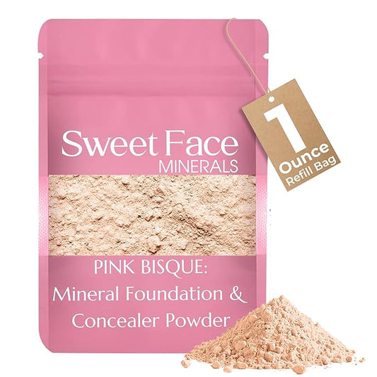 Foundation Powder Refill (Pink Bisque) (1 Ounce Bag) By Sweet Face Minerals, Lightweight Mineral Loose Makeup Powder with SPF 20, Full Coverage Flawless Finish, Talc-free, Cruelty-Free, Refill Pouch