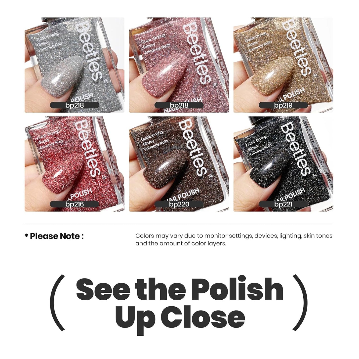 Beetles Glitter Nail Polish Set, 6 Color Silver Pink Gold Red Brown Black Quick Air Dry Nail Polish Natural Elegant Nail Lacquer Manicure DIY Nail Art Salon Gifts For Women