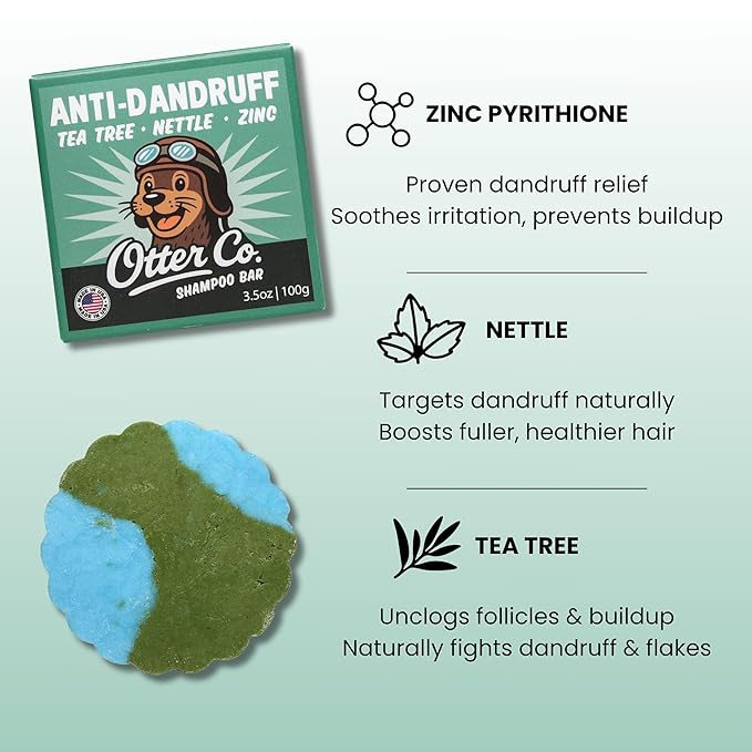 Otter co. Anti Dandruff Tea Tree Shampoo Bar – Nettle, Zinc, Green Tea, Apple Cider Vinegar, Anti Fungal Shampoo – Vegan, Natural, Cruelty & Sulfate Free – All Hair Types & Dry Scalp, USA Made