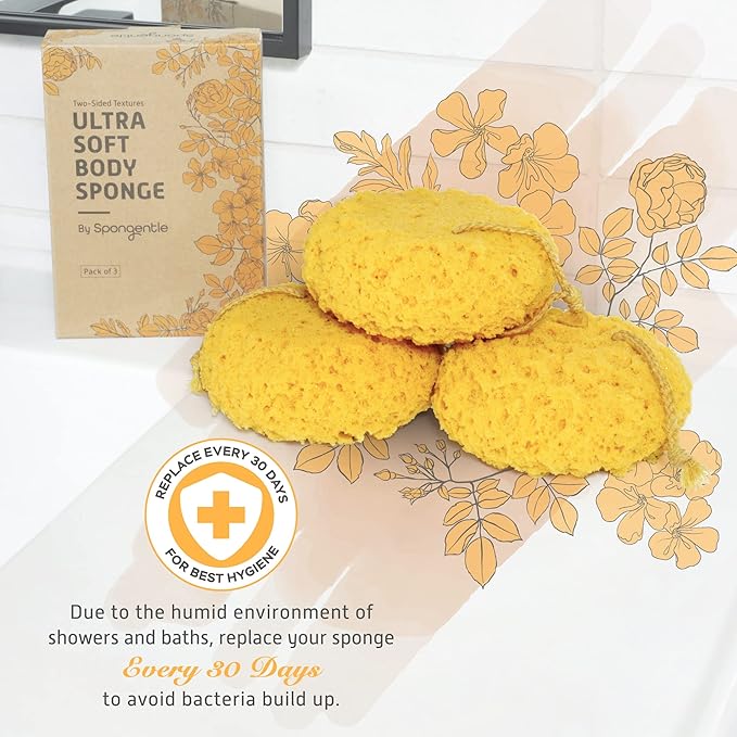 Spongentle Deep Cleansing Body Loofah Sponge, Natural Colors, for Bath and Shower, Multiple Textures for Gentle and Deep Exfoliation, Generous and Rich Lather, (Pack of 3)