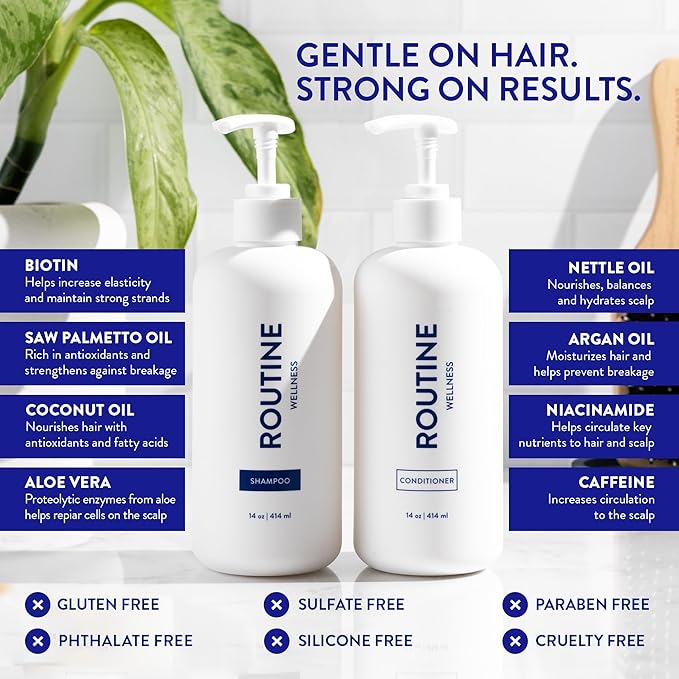 Routine Wellness Anti-Thinning Shampoo and Conditioner Set for Thinning Hair - Biotin DHT Blocker Women & Men - Color Safe Shampoo for Hair Loss & Healthier Hair - Unscented (Pack of 2)
