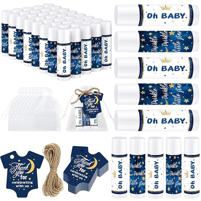 Demissle 50 Pcs Baby Shower Lip Balm Gift Set with 100 Pcs Organza Bags Baby Shower Party Favor for Guest Thank You Tag Rope Baby Shower Party Decoration Gender Reveal Souvenirs(Night)