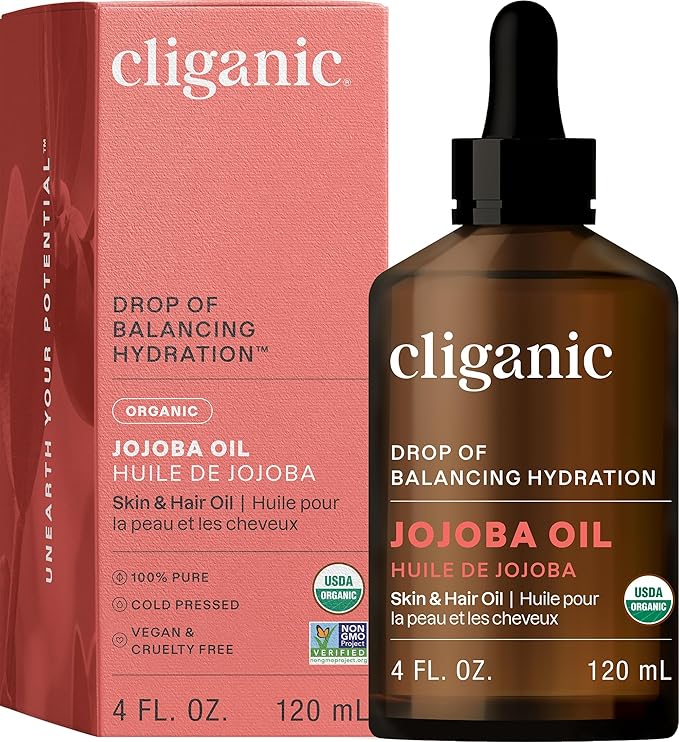 Cliganic Organic Jojoba Oil, 100% Pure (4oz) | Moisturizing for Face, Hair, Skin & Nails | Natural Cold Pressed Hexane Free | Base Carrier Oil (Packaging May Vary)