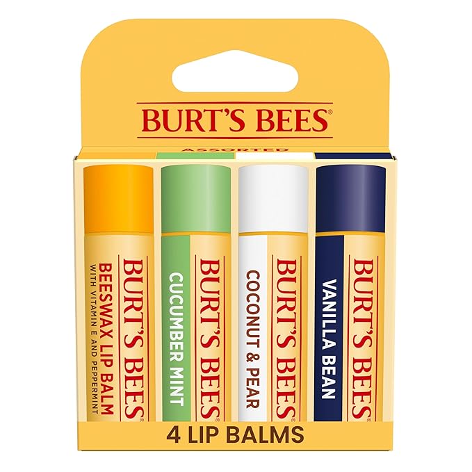 Burt's Bees Lip Balm - Beeswax, Cucumber Mint, Coconut & Pear, and Vanilla Bean Pack, With Responsibly Sourced Beeswax, Tint-Free, Natural Origin Lip Treatment, 4 Tubes, 0.15 oz.