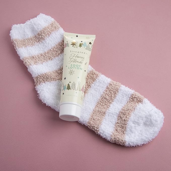 Live Green Bath and Body Set- Foot Spa Set with Fuzzy Socks, Lotion, and Scrub (Honey Almond)