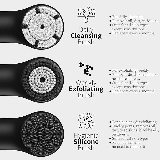 Premium Face Scrubber, Deep Pore Cleansing Brush, Waterproof & Rechargeable Face Scrub Brush for Men& Women, Electric Facial Exfoliator with 3 brushes, 3 Intensities, 2 Modes with Eye Rollor- Charcoal