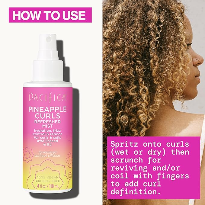 Pacifica Pineapple Curls Refresher Mist Frizz Control Spray & Curly Hair Enhancing -w/Hyaluronic Acid Vitamin B5 & Natural Plant Oils Revitalizes Curls - Vegan Cruelty Free Dermatologist Tested
