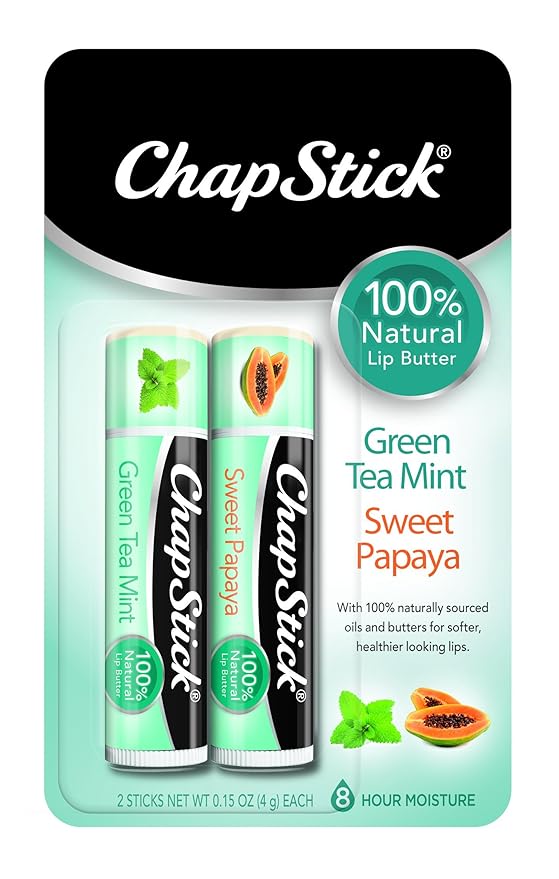ChapStick 100% Natural Lip Butter Green Tea Mint and Sweet Papaya Lip Balm Tubes Variety Pack - 0.15 Oz Each (Pack of 2)