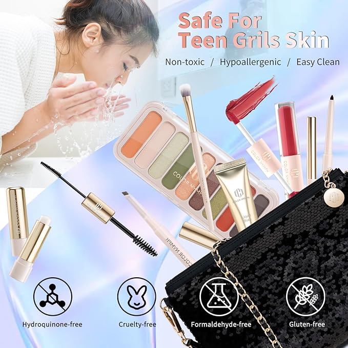 Color Nymph Teen Girls Makeup Kits, All In One Makeup kit For Girls Makeup For Teen Girls with Sequin Bag Packed Individually 9 Colors Eyeshadow Liquid Blush Lip gloss Mascara -Orange Green