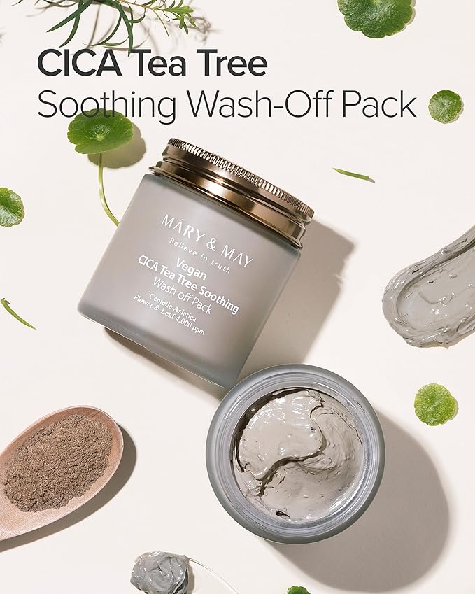 Mary&May Vegan Cica Tea Tree Soothing Wash Off Pack - Natural Centella Clay Mask for Sensitive Skin, Relieves Irritation, Cleanses Pores, and Hydrates, 4.23oz.