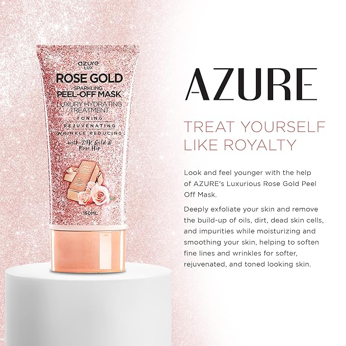 Azure Cosmetics Rose Gold Sparkling Peel-Off Face Mask – Luxury Hydrating & Firming Skincare with 24K Gold & Rose Hip Oil – Helps Reduce Fine Lines, Tone Skin & Improve Texture – 150 ml